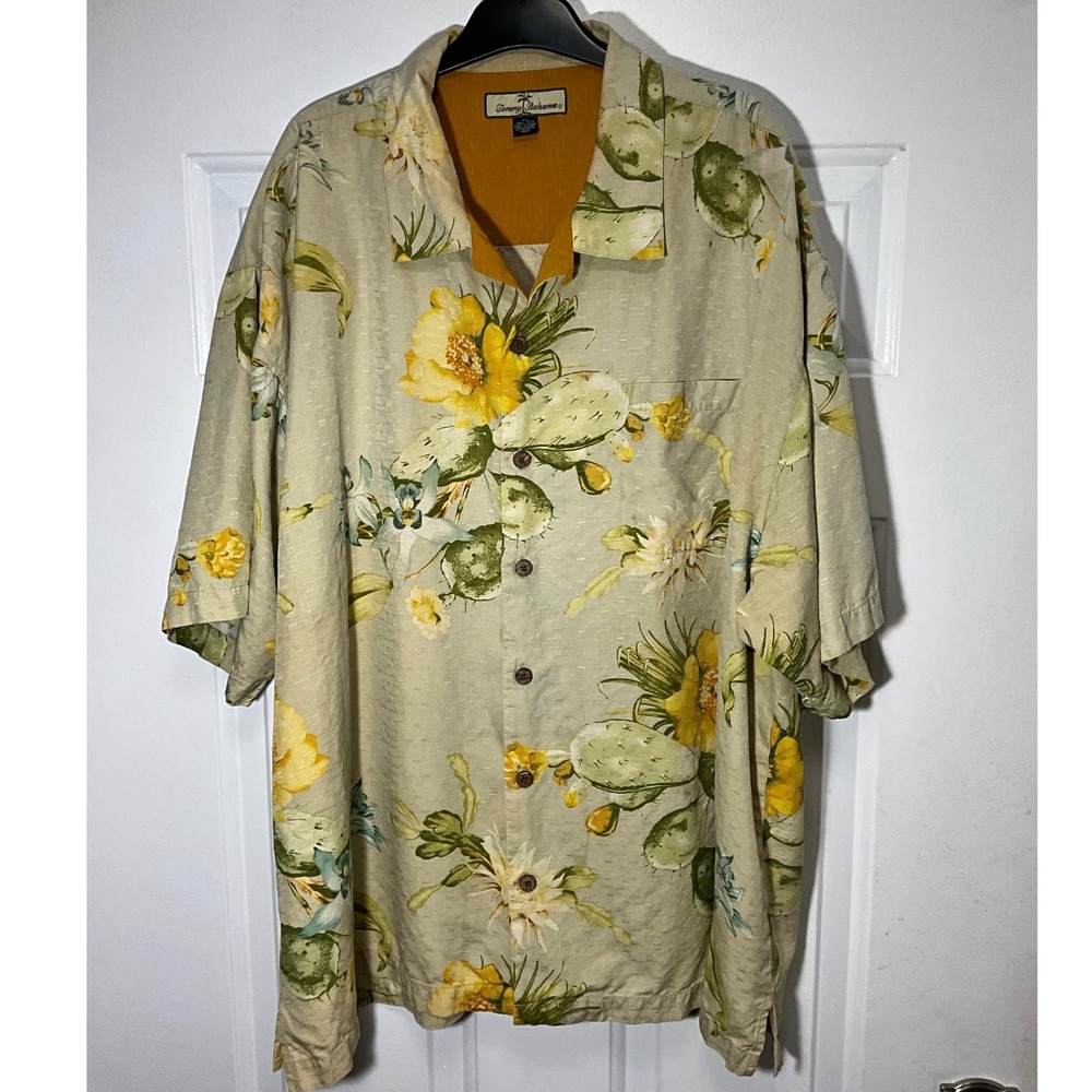 Tommy Bahama Mens XXL Silk Camp Shirt Tropical Floral Cactus Print Beige Yellow